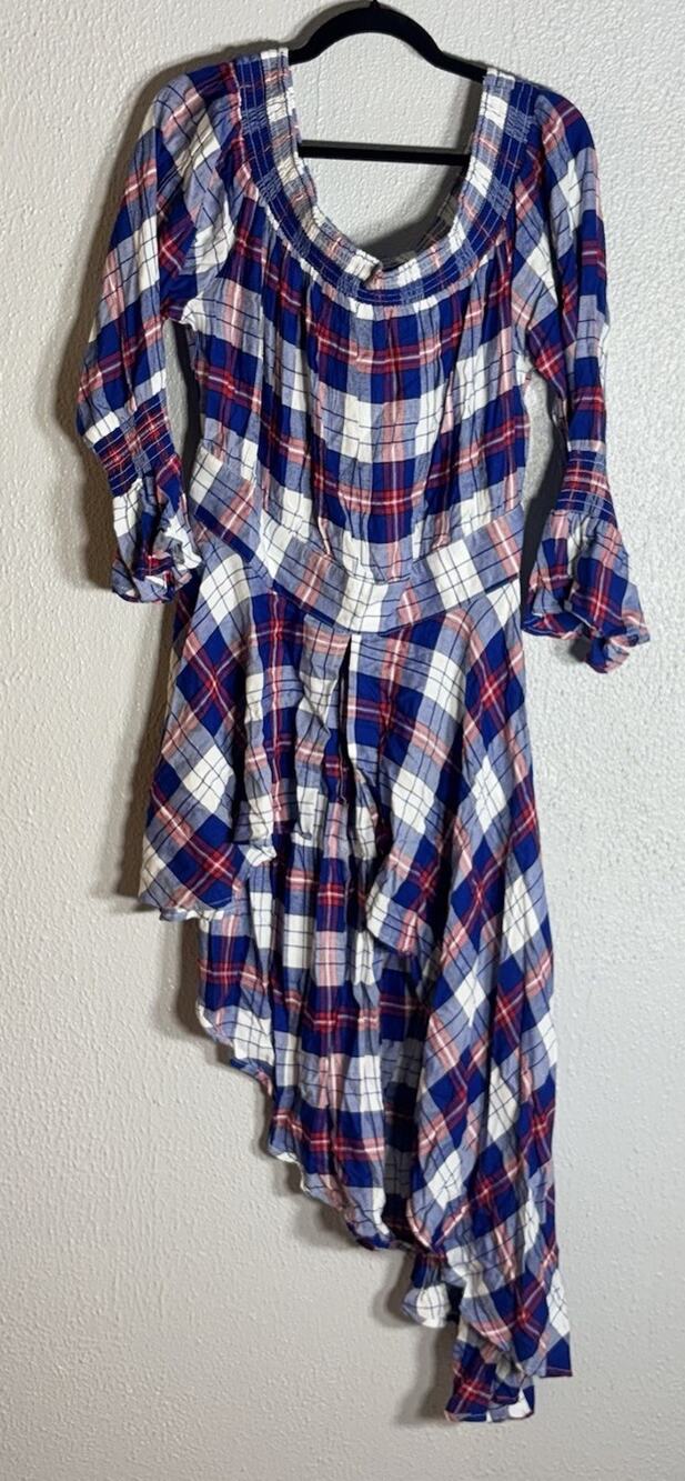 Women's Blue White Red Plaid Asymmetrical Dress Sleeve size PLUS 18/20